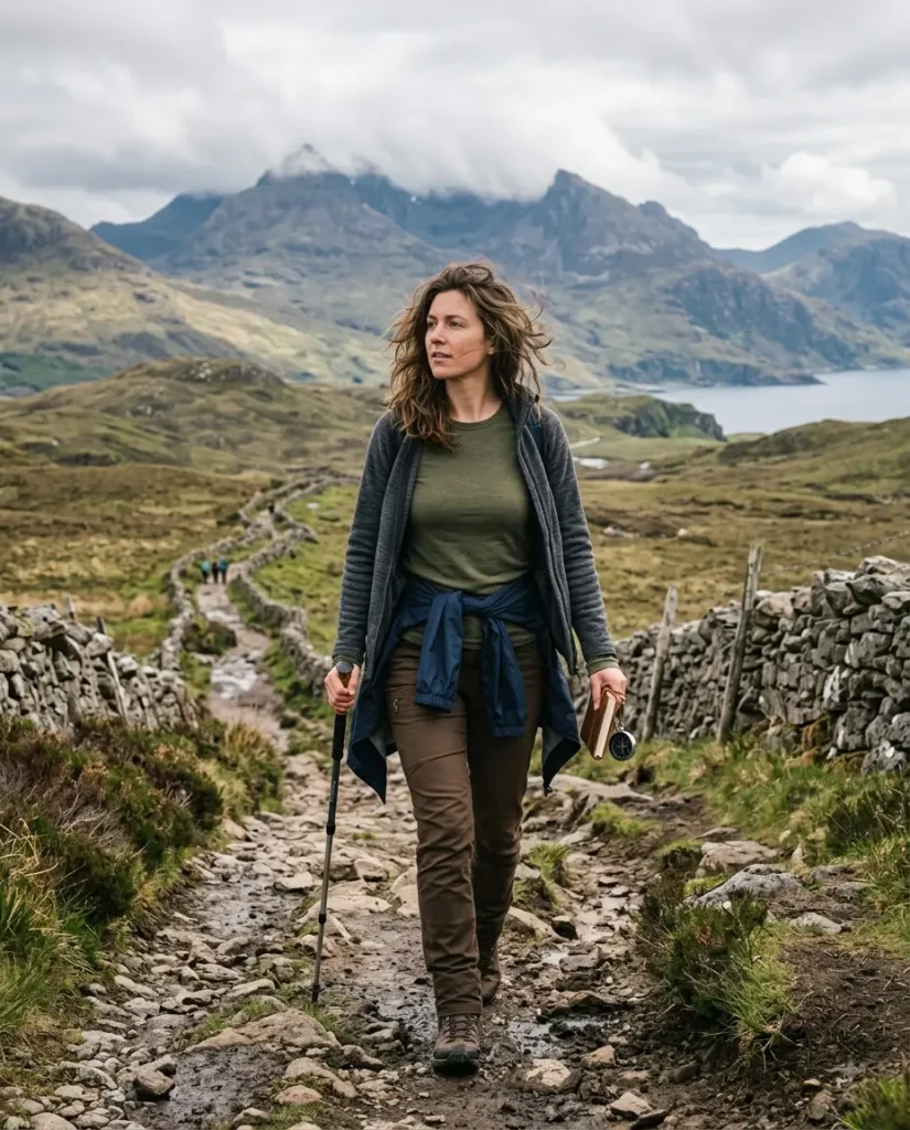 Woman in layered hiking outfit walking a trail on the Isle of Skye in June