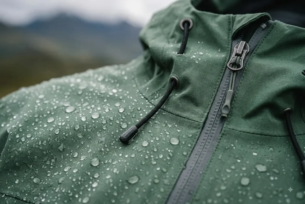 Close-up of waterproof rain jacket fabric and zipper detail