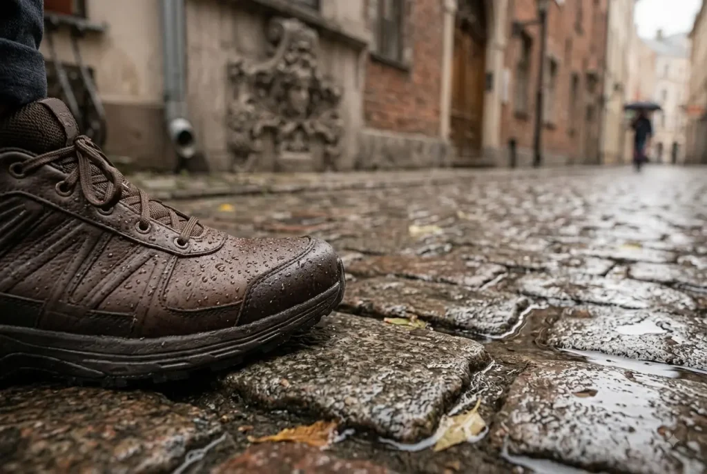 Close-up of waterproof leather sneaker on wet cobblestone in Riga