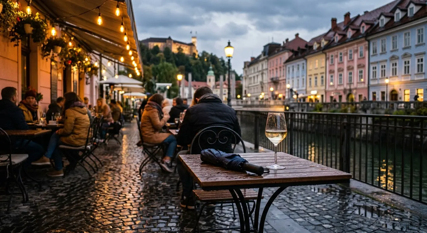 What to wear in Ljubljana in September: riverside café outfit after rain