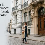 What to wear in Austria in May: layered spring outfit with Vienna architecture