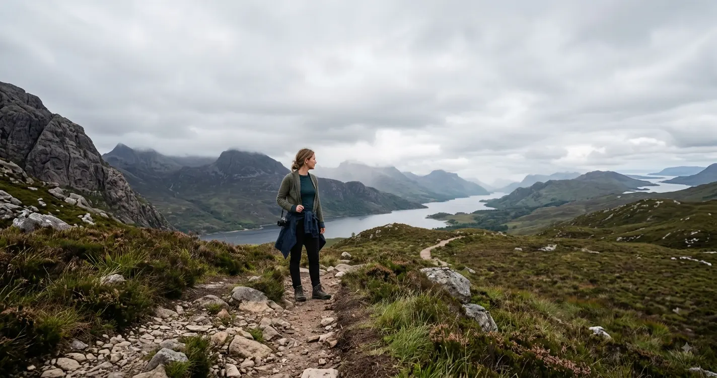 What to wear in Scotland in June: layered outfit with Highland landscape